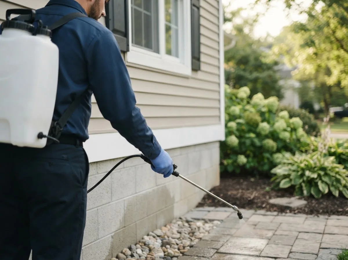 Pest control technician inspecting a home in Contoocook, NH